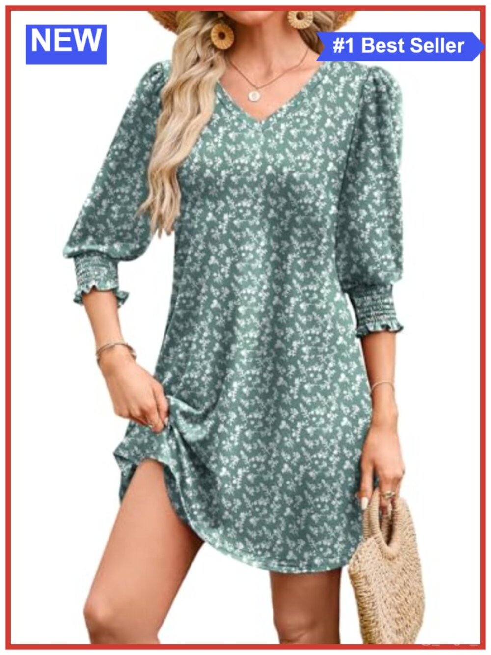 Womens 3/4 Sleeve V-Neck Midi Dress with Pockets Flowy Casual